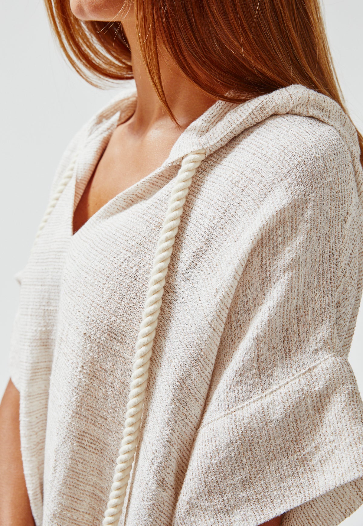 THE DRAWSTRING HOODED CAFTAN in NATURAL STRIPED GAUZE