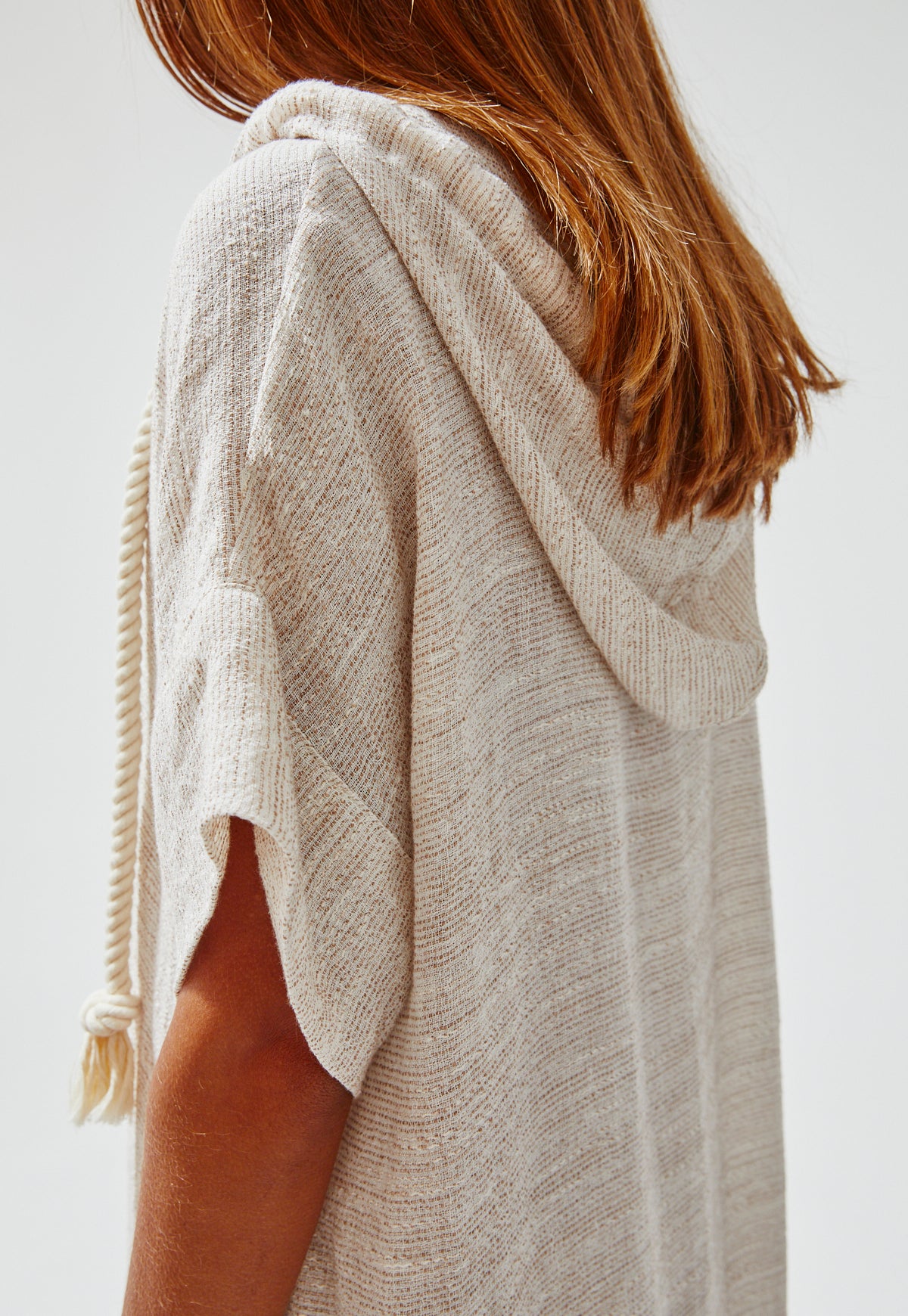 THE DRAWSTRING HOODED CAFTAN in NATURAL STRIPED GAUZE
