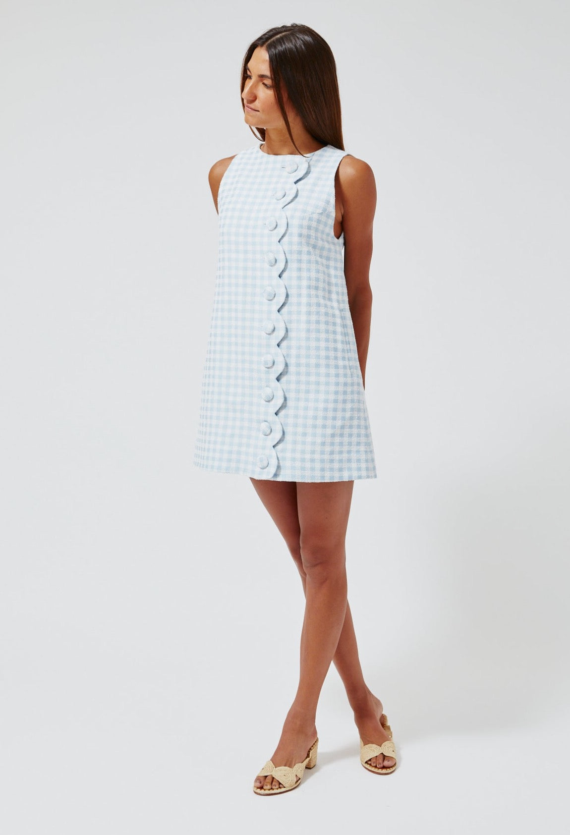 THE SCALLOP MINI DRESS in BLUE GINGHAM BOUCLE COTTON