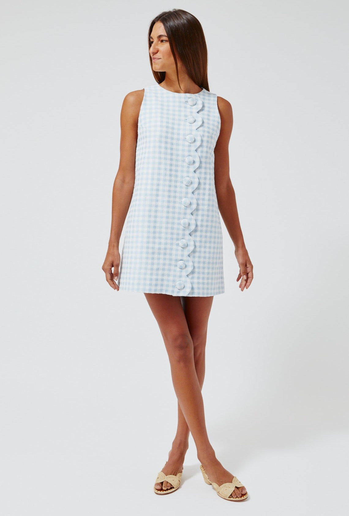 THE SCALLOP MINI DRESS in BLUE GINGHAM BOUCLE COTTON