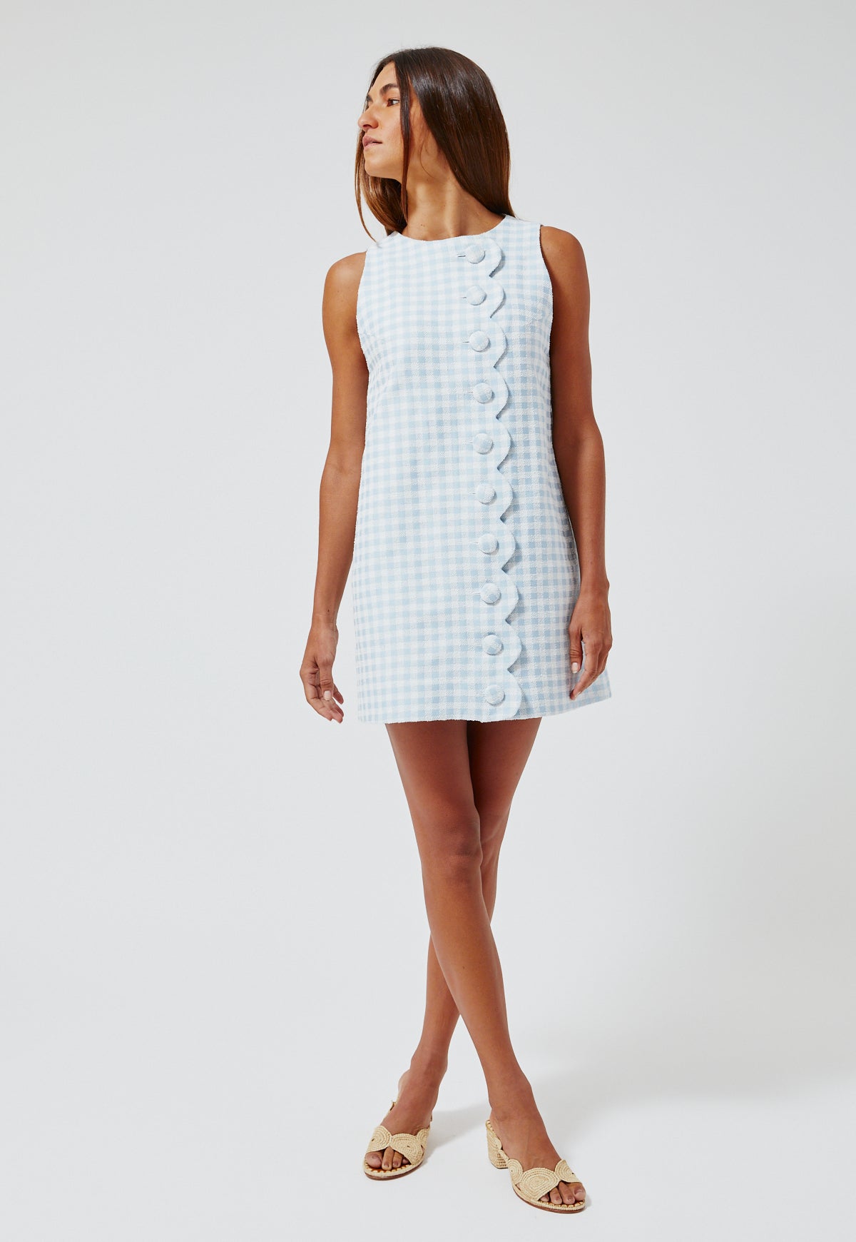 THE SCALLOP MINI DRESS in BLUE GINGHAM BOUCLE COTTON