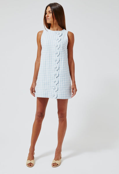 THE SCALLOP MINI DRESS in BLUE GINGHAM BOUCLE COTTON