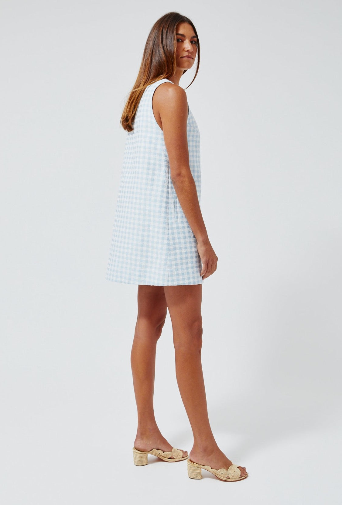 THE SCALLOP MINI DRESS in BLUE GINGHAM BOUCLE COTTON