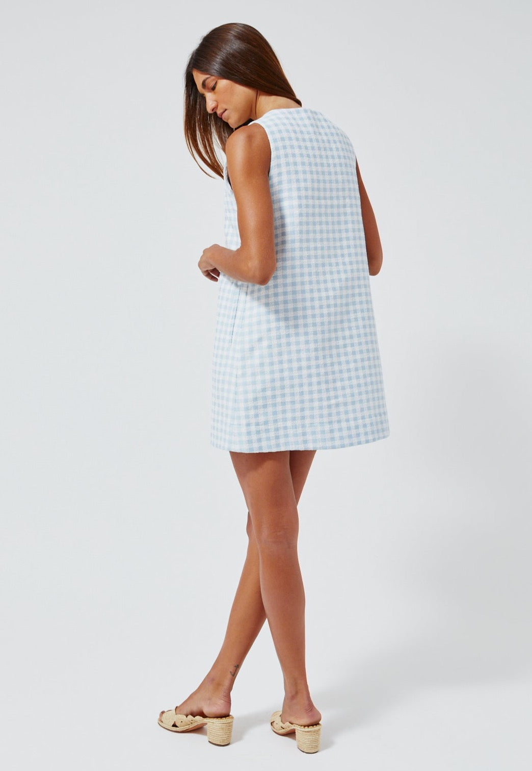 THE SCALLOP MINI DRESS in BLUE GINGHAM BOUCLE COTTON