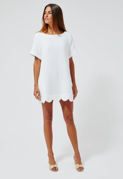 THE SCALLOP  A-LINE MINI DRESS in WHITE HONEYCOMB PIQUE COTTON