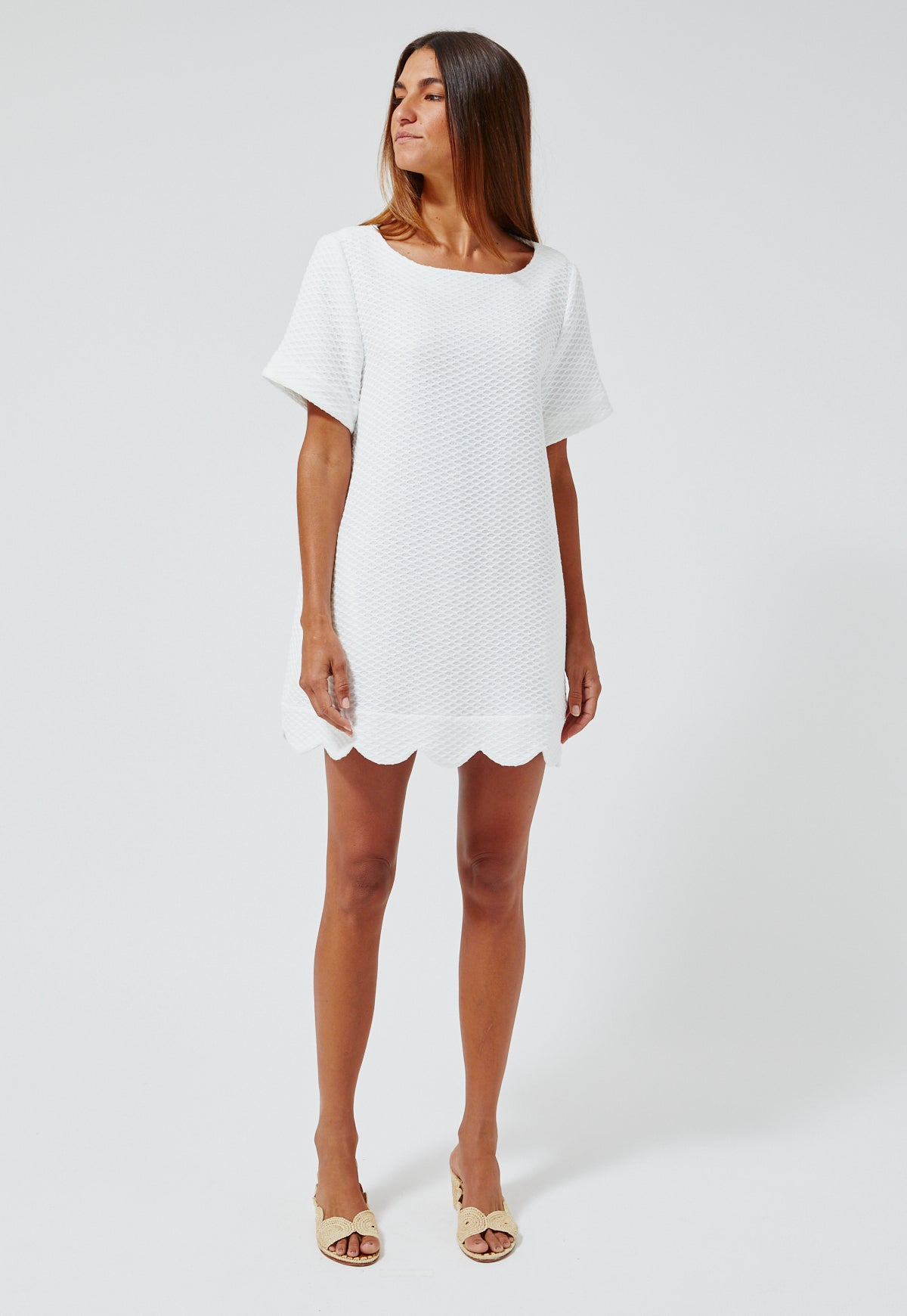 THE SCALLOP  A-LINE MINI DRESS in WHITE HONEYCOMB PIQUE COTTON