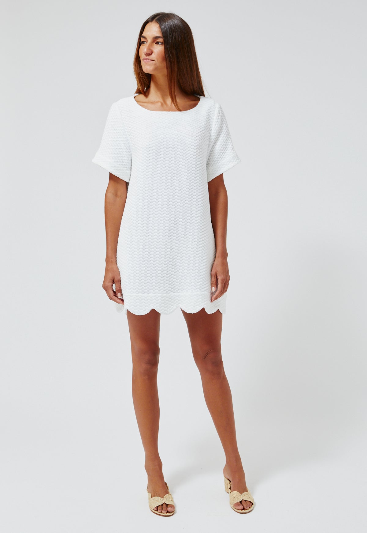 THE SCALLOP  A-LINE MINI DRESS in WHITE HONEYCOMB PIQUE COTTON