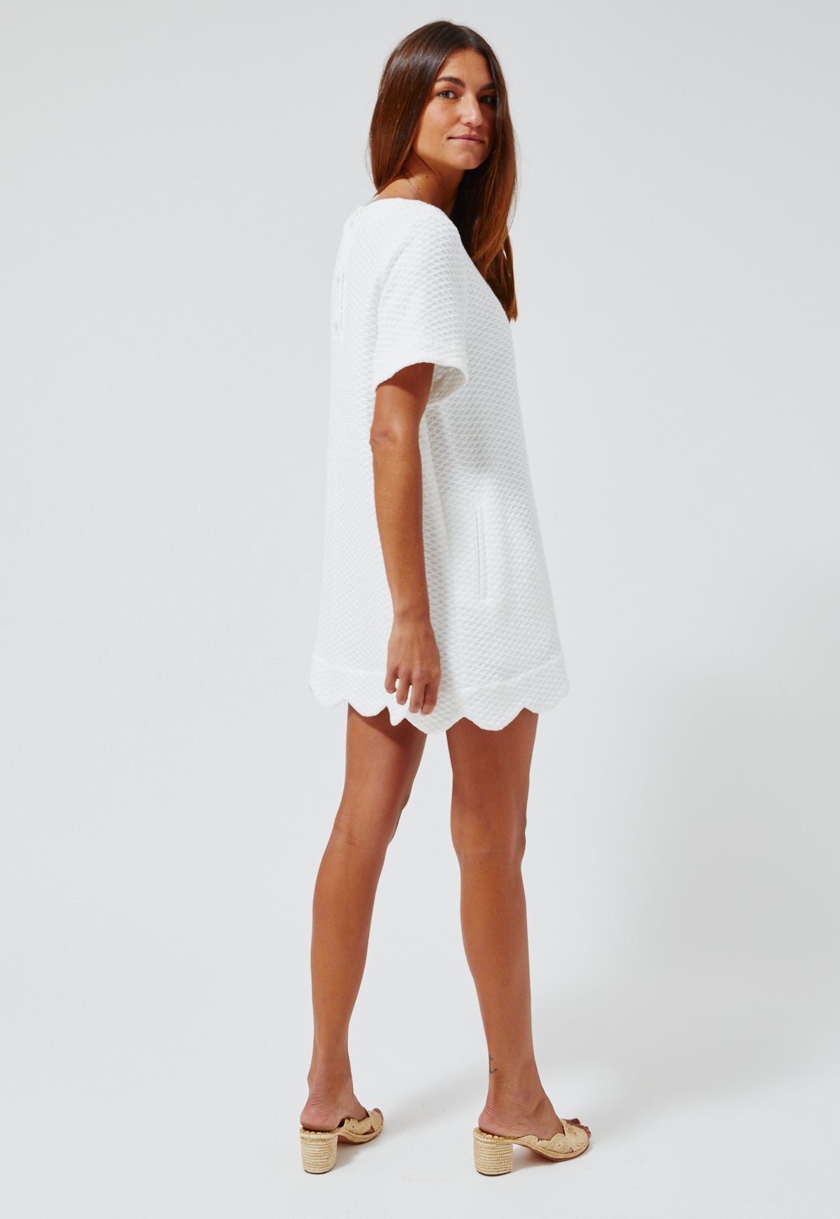 THE SCALLOP  A-LINE MINI DRESS in WHITE HONEYCOMB PIQUE COTTON