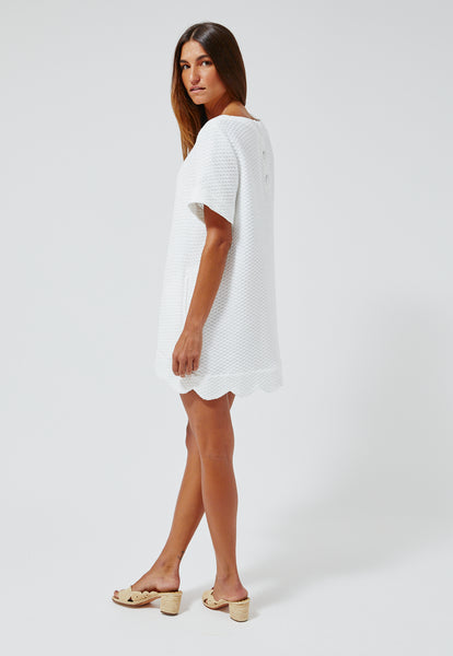 THE SCALLOP  A-LINE MINI DRESS in WHITE HONEYCOMB PIQUE COTTON