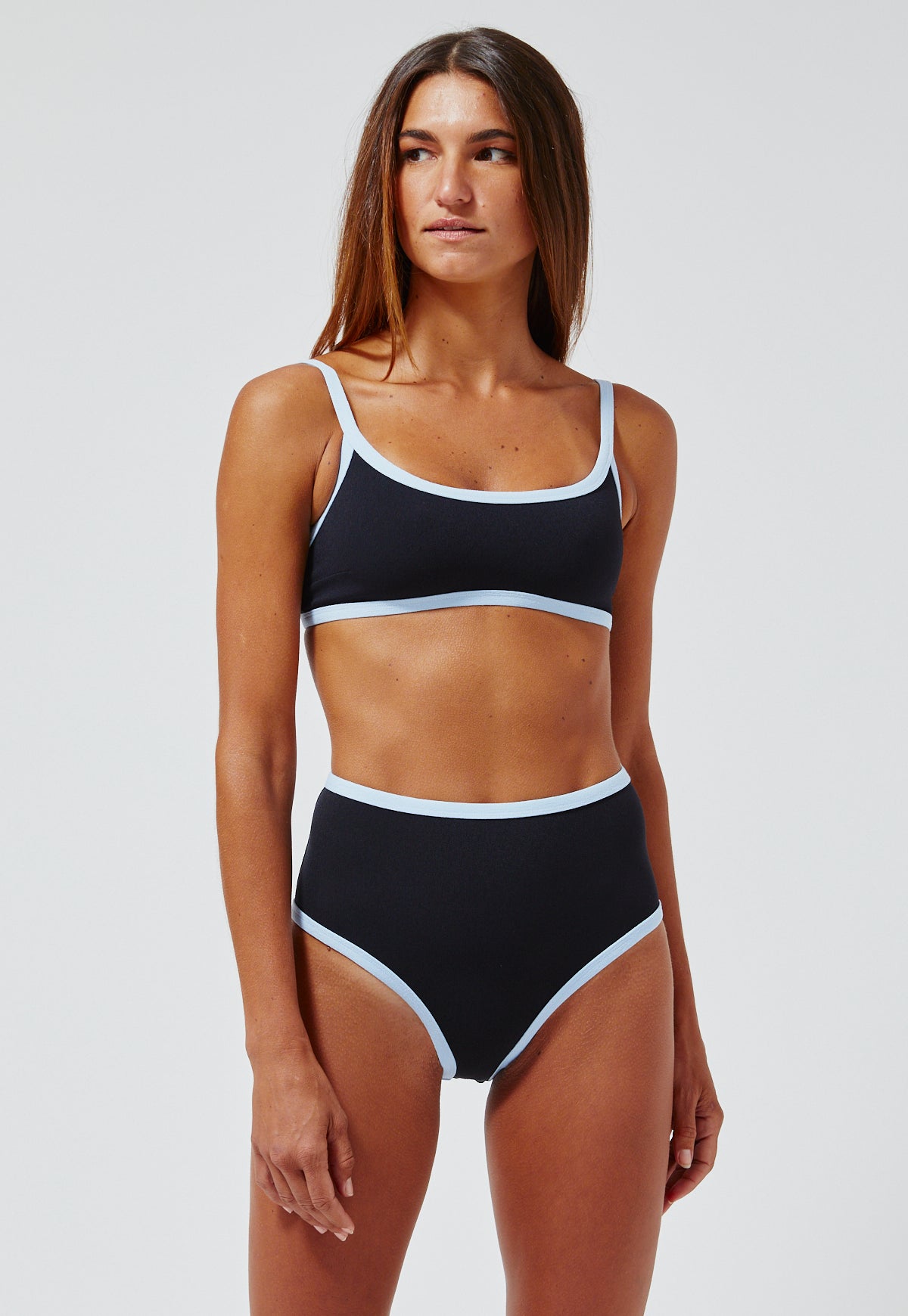 THE KK HIGH-WAIST BIKINI in BLACK & FRENCH BLUE CREPE