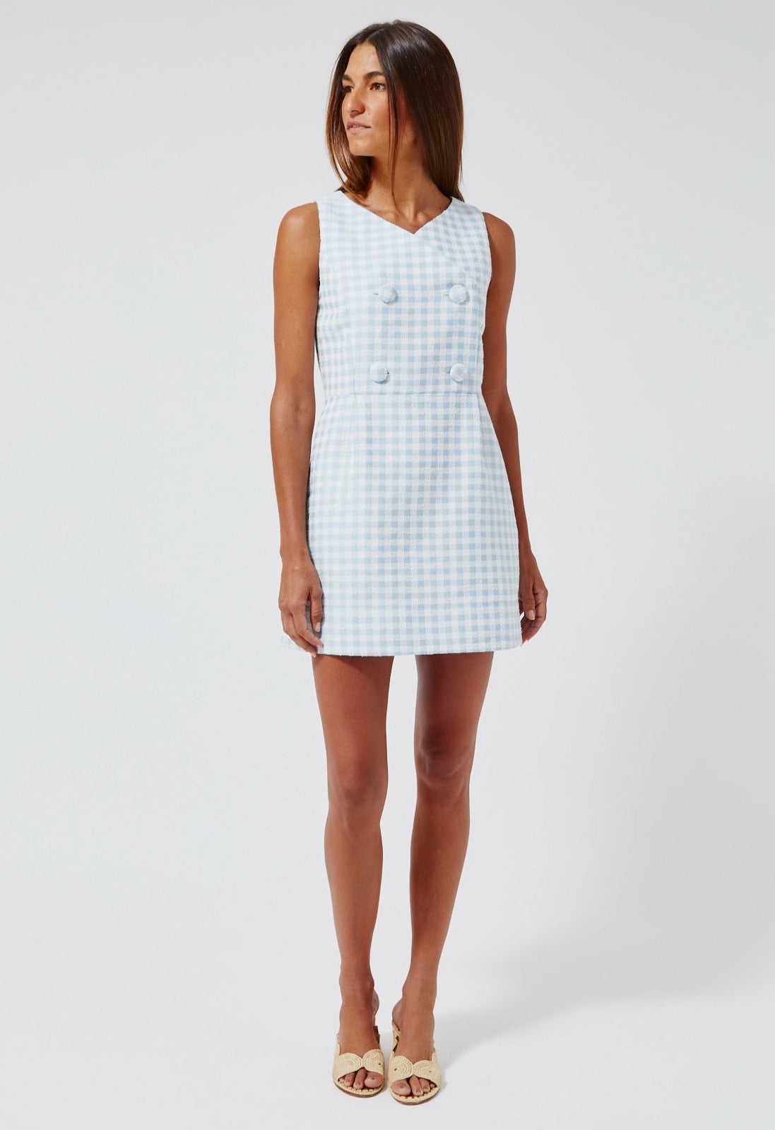 THE JACKIE MINI DRESS in VINTAGE BLUE GINGHAM BOUCLE
