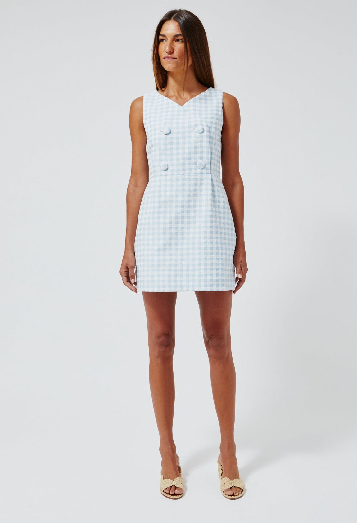 THE JACKIE MINI DRESS in VINTAGE BLUE GINGHAM BOUCLE