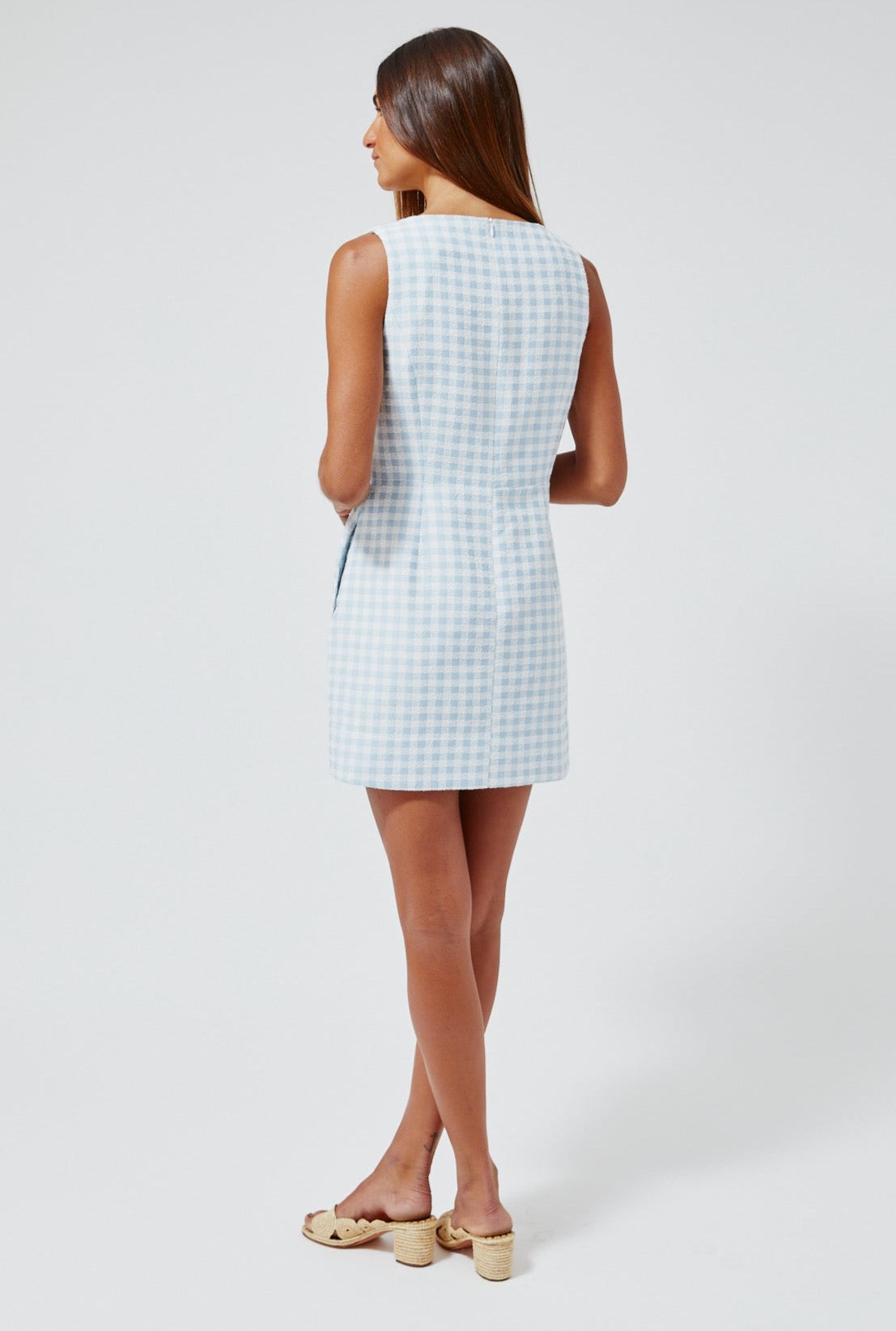THE JACKIE MINI DRESS in VINTAGE BLUE GINGHAM BOUCLE