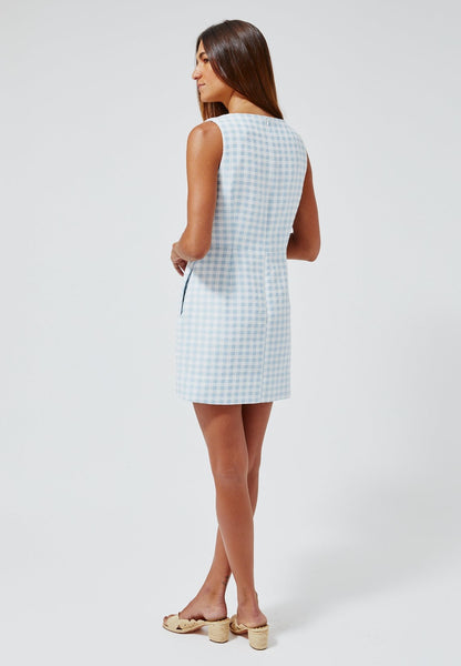 THE JACKIE MINI DRESS in VINTAGE BLUE GINGHAM BOUCLE