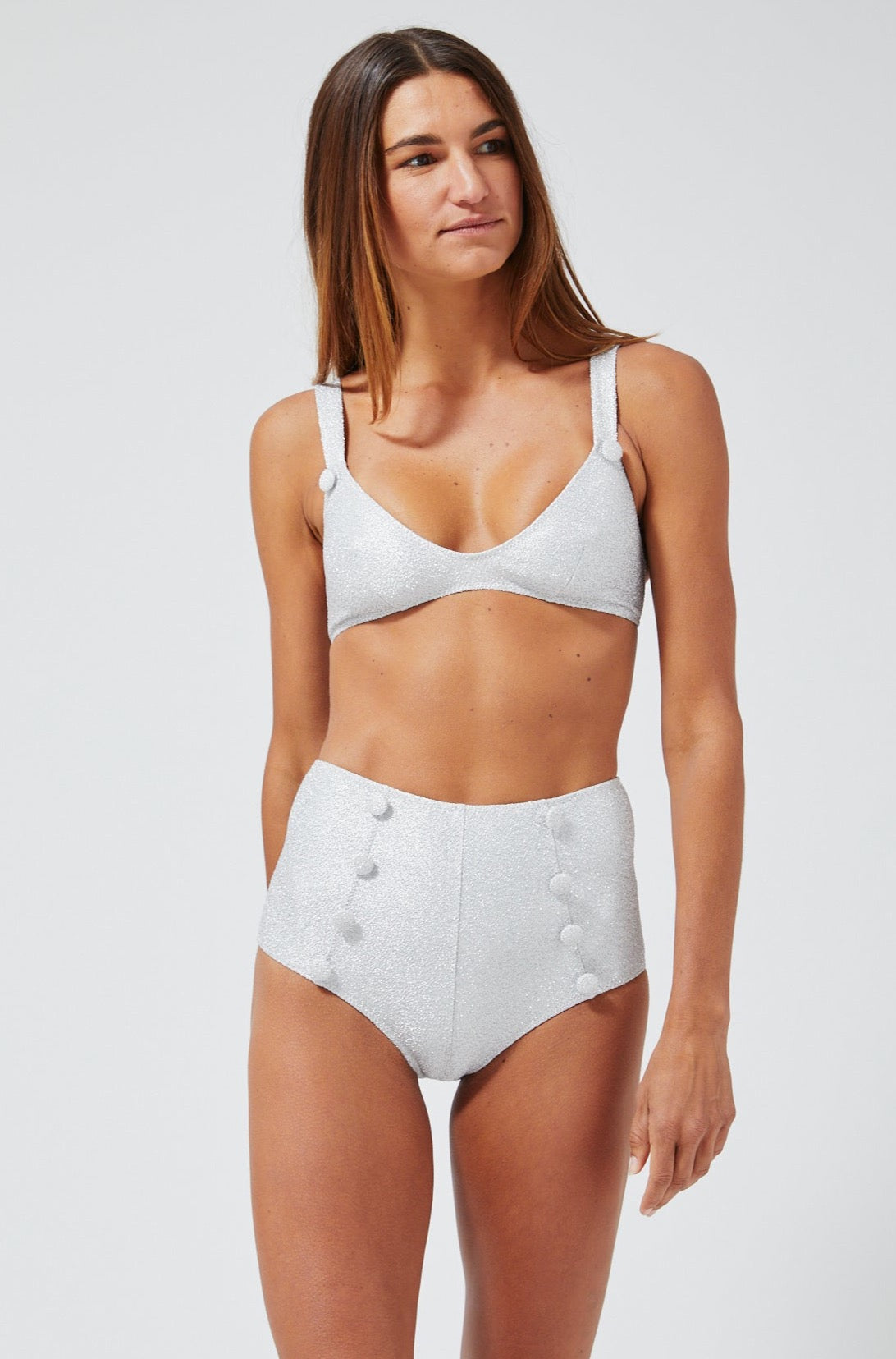 THE MAGDALENA HIGH-WAIST BIKINI in SILVER & NUDE METALLIC JACQUARD