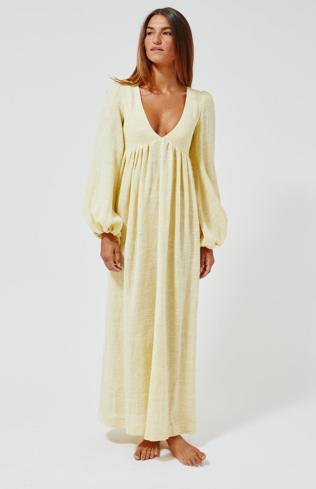 THE CAROLYN DRESS in PALE YELLOW STRIPED GAUZE