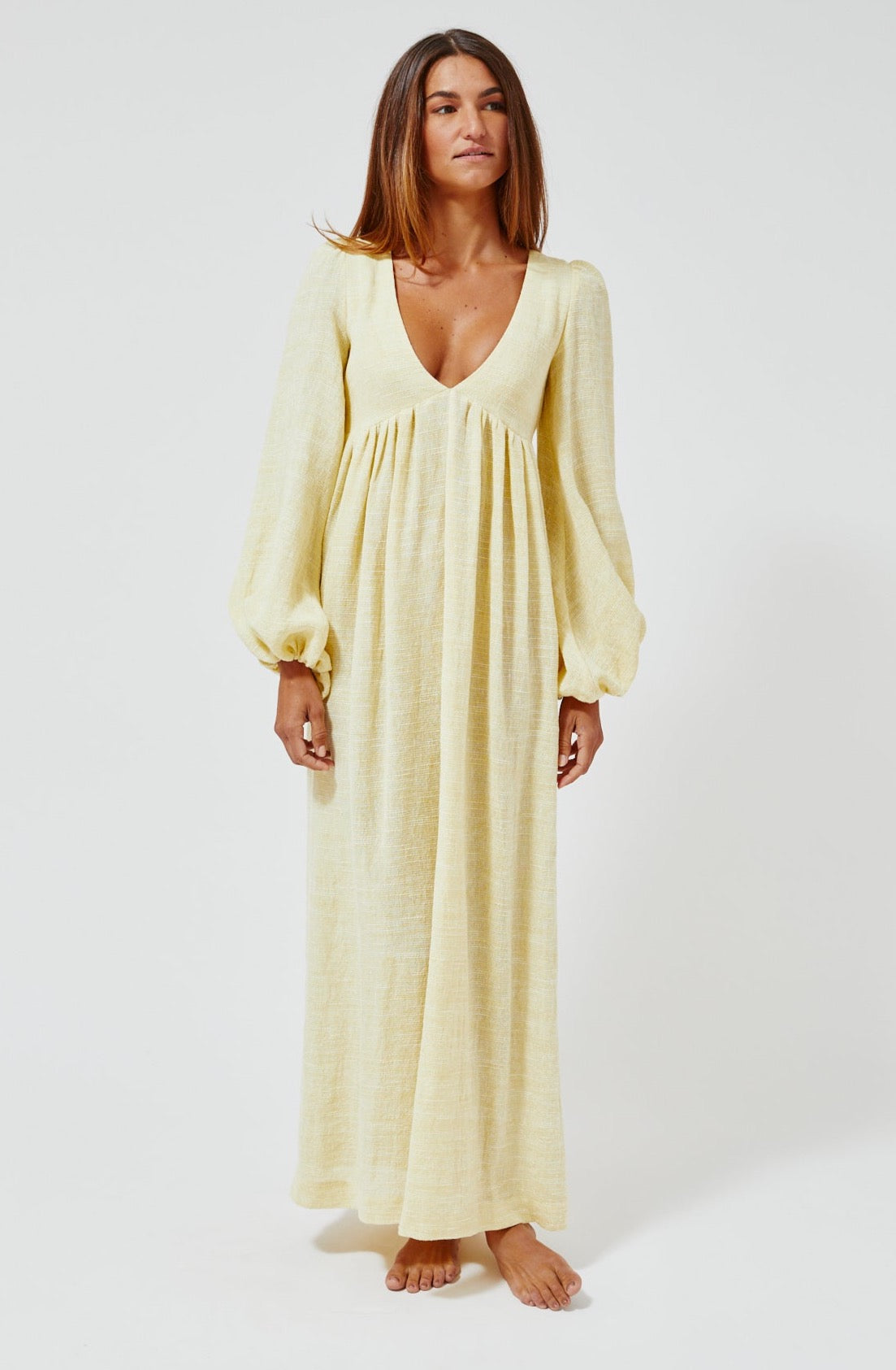 THE CAROLYN DRESS in PALE YELLOW STRIPED GAUZE