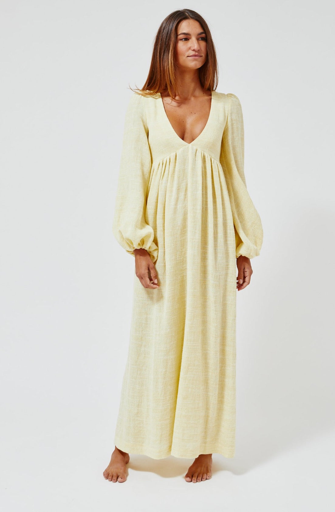 THE CAROLYN DRESS in PALE YELLOW STRIPED GAUZE