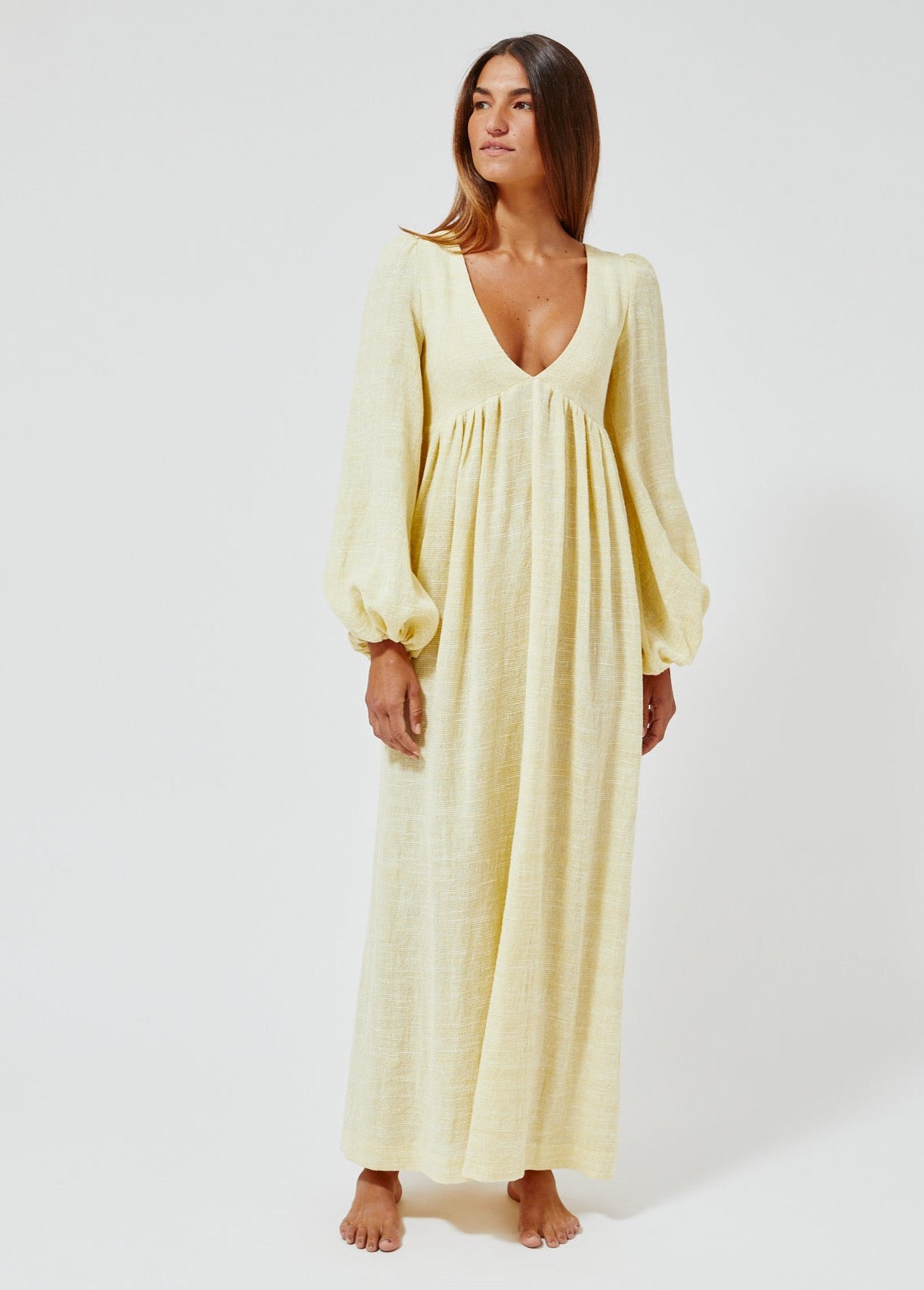 THE CAROLYN DRESS in PALE YELLOW STRIPED GAUZE