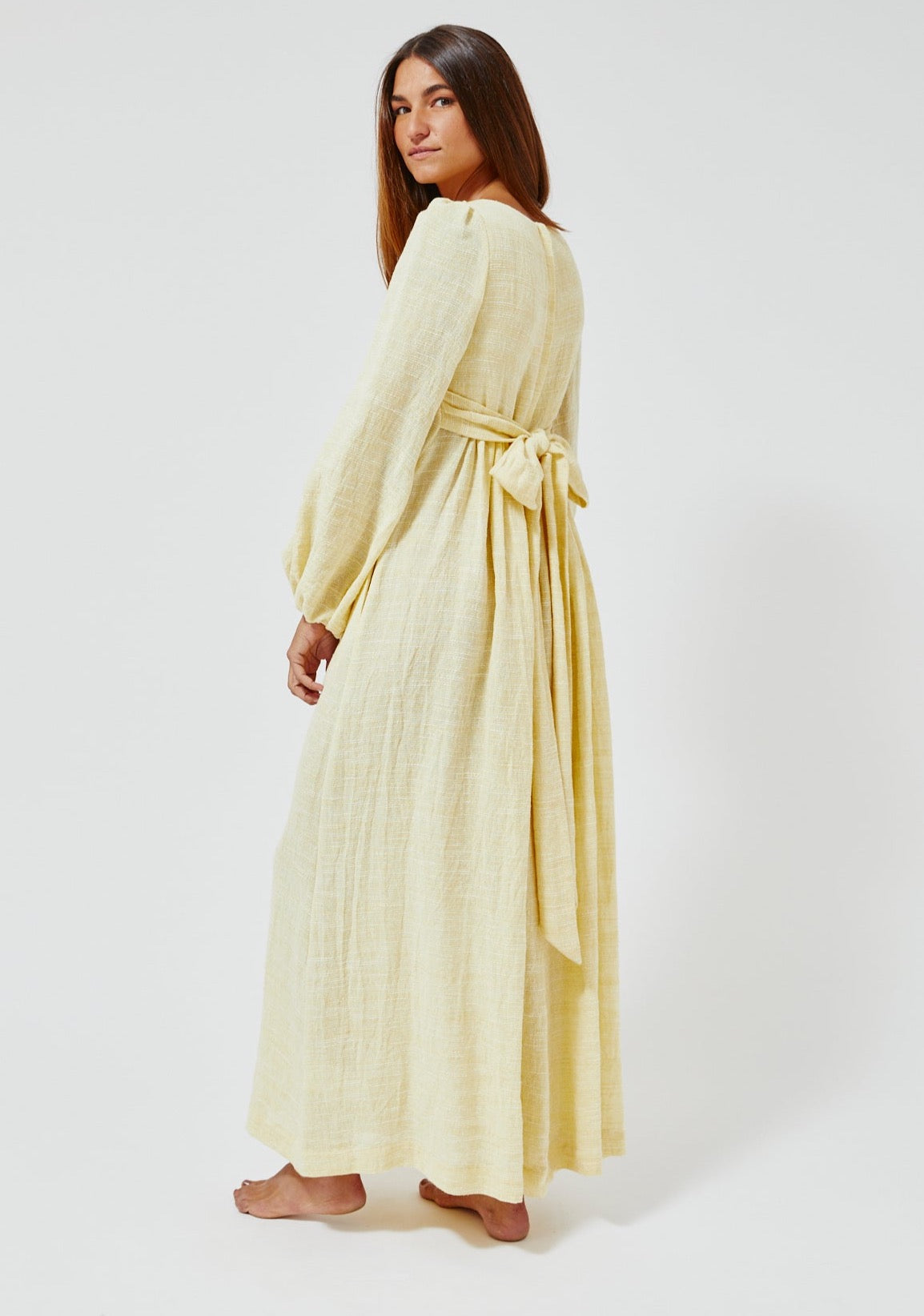 THE CAROLYN DRESS in PALE YELLOW STRIPED GAUZE