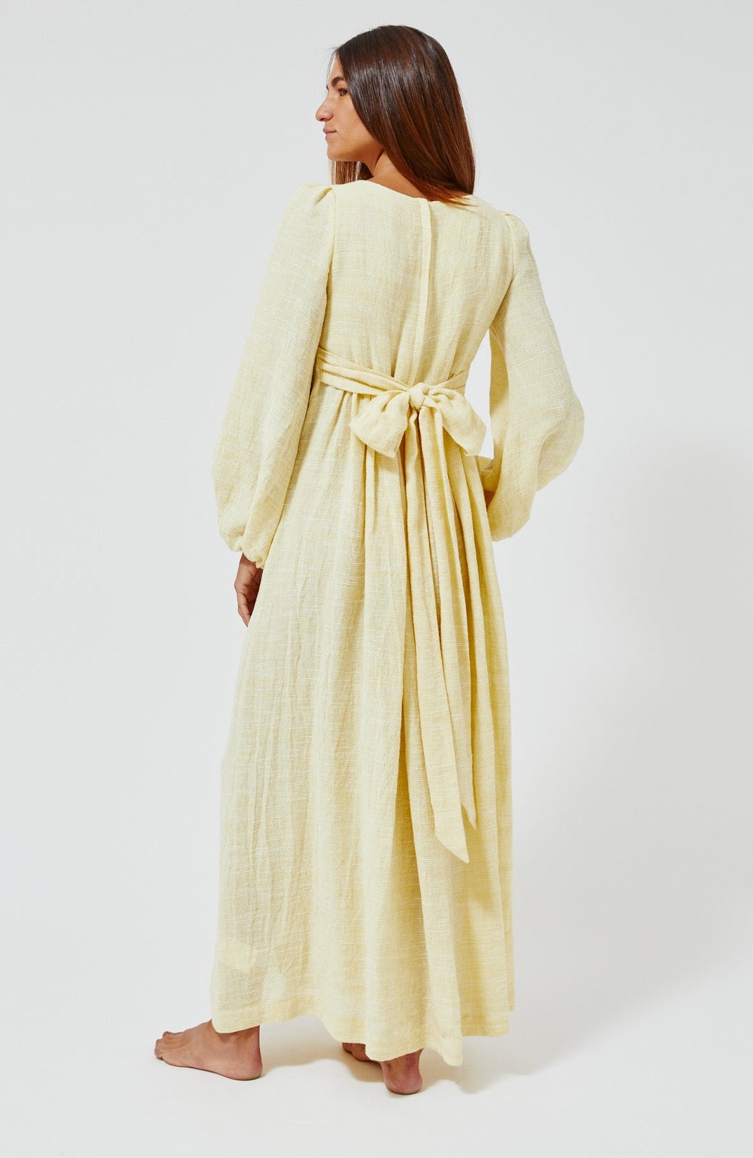 THE CAROLYN DRESS in PALE YELLOW STRIPED GAUZE