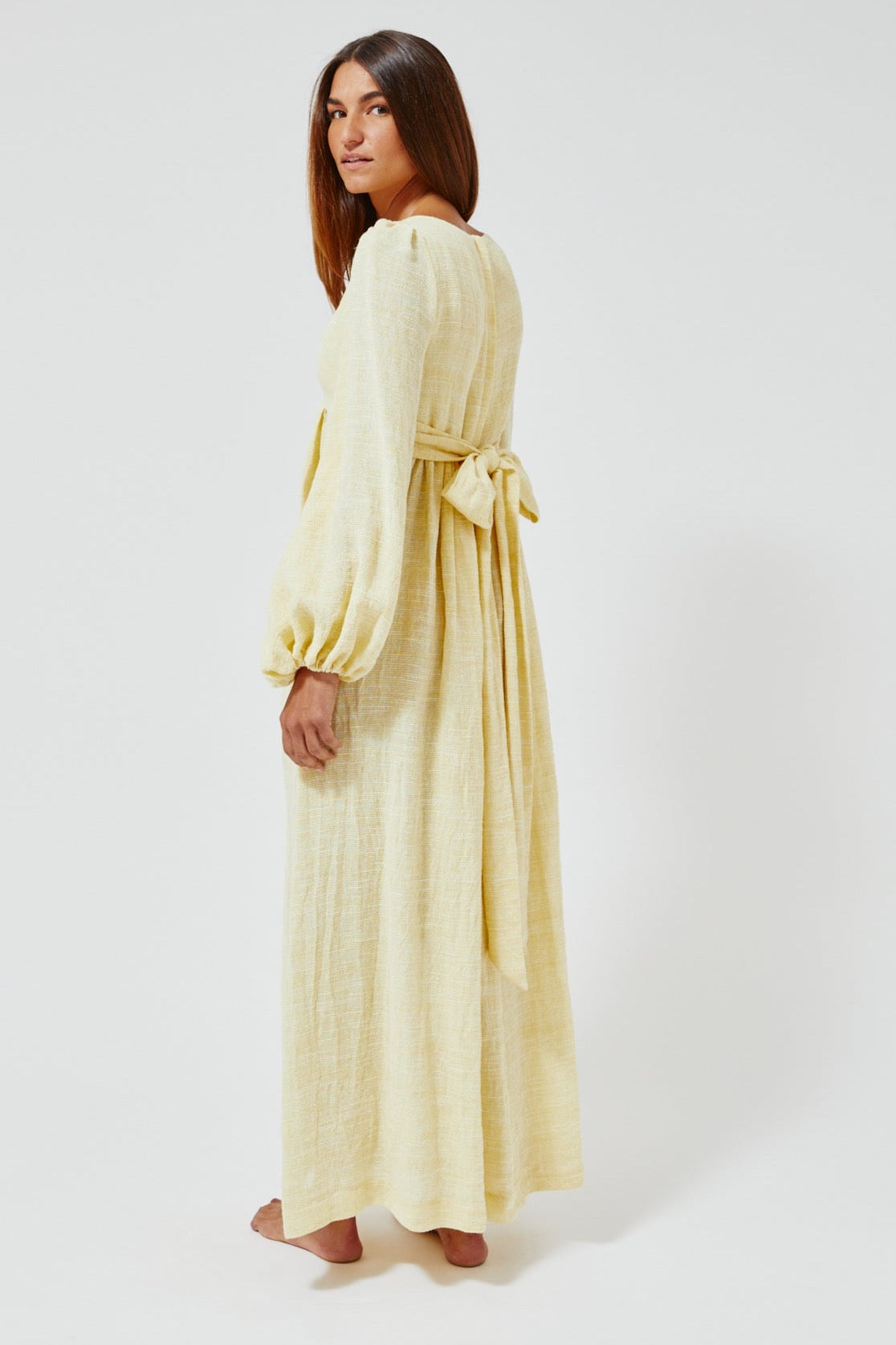 THE CAROLYN DRESS in PALE YELLOW STRIPED GAUZE