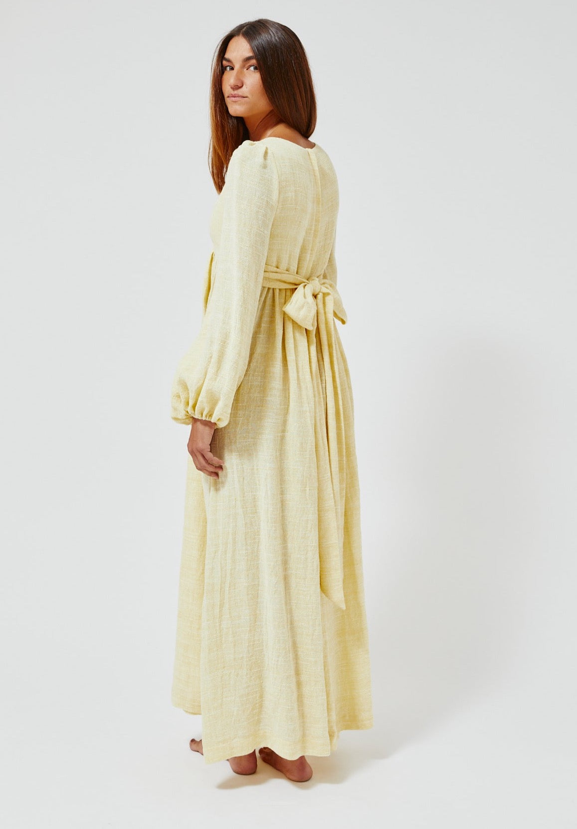 THE CAROLYN DRESS in PALE YELLOW STRIPED GAUZE