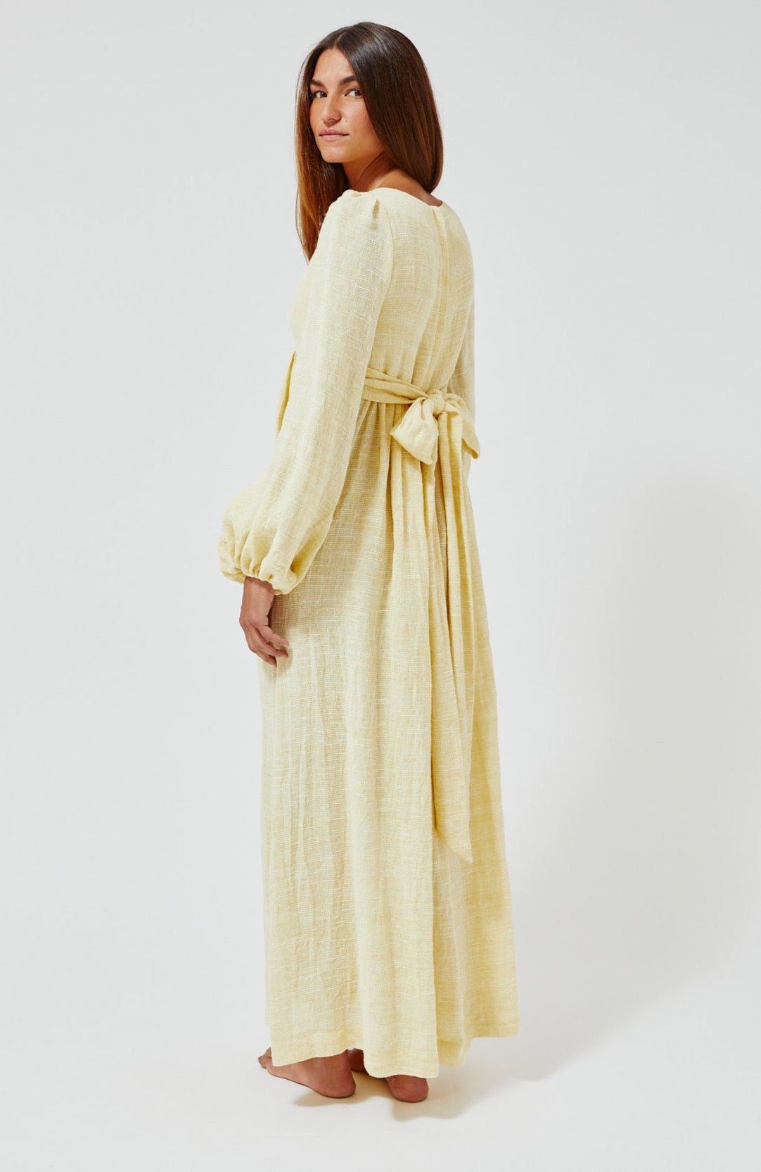 THE CAROLYN DRESS in PALE YELLOW STRIPED GAUZE