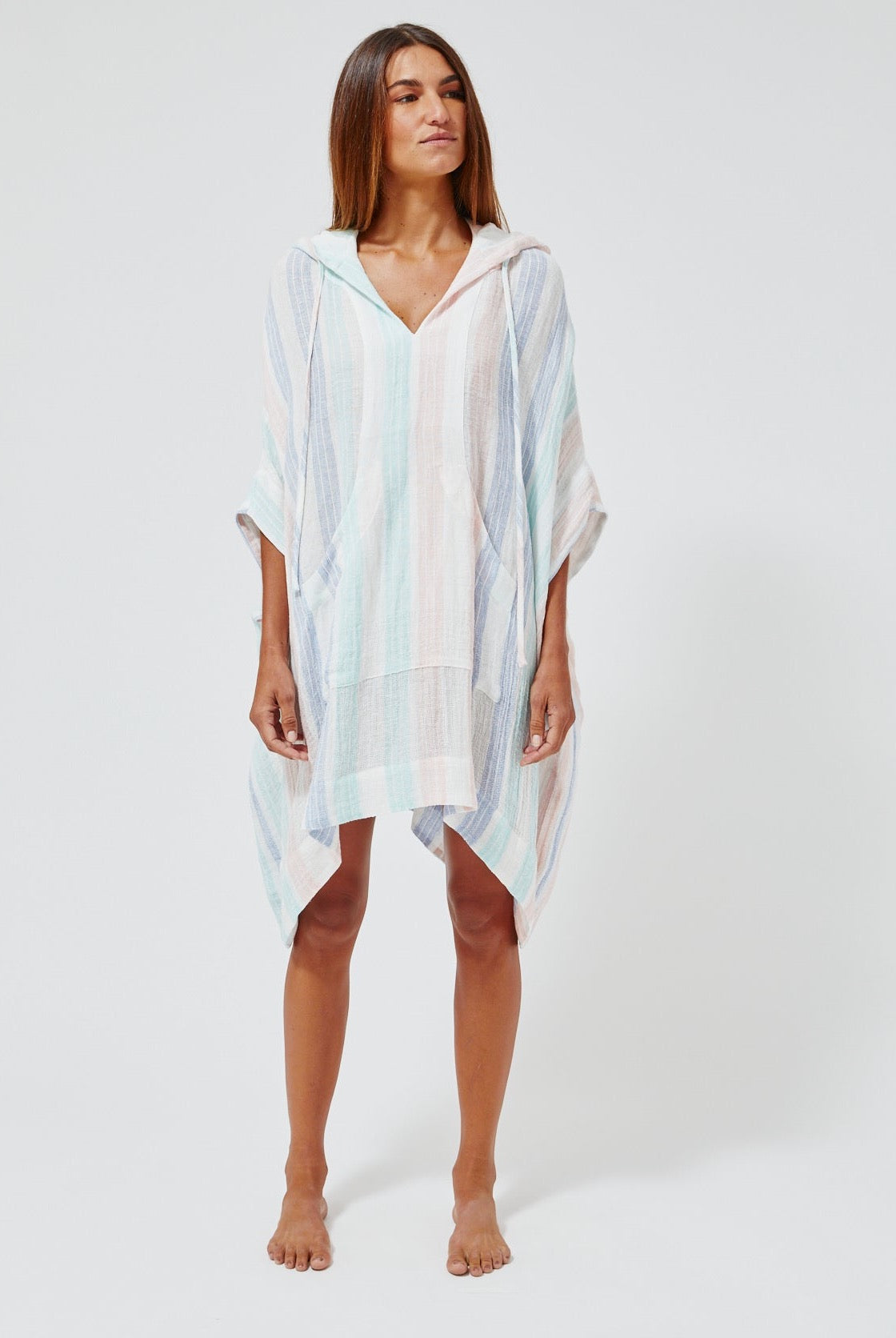 THE HOODED PONCHO in PASTEL MULTI STRIPED GAUZE