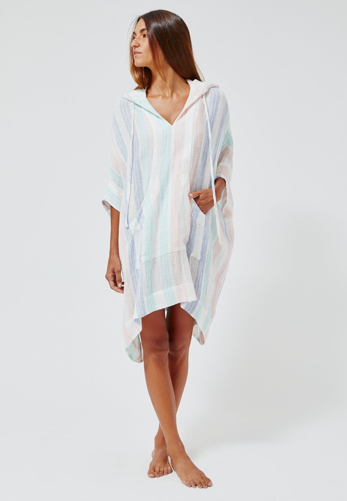 THE HOODED PONCHO in PASTEL MULTI STRIPED GAUZE