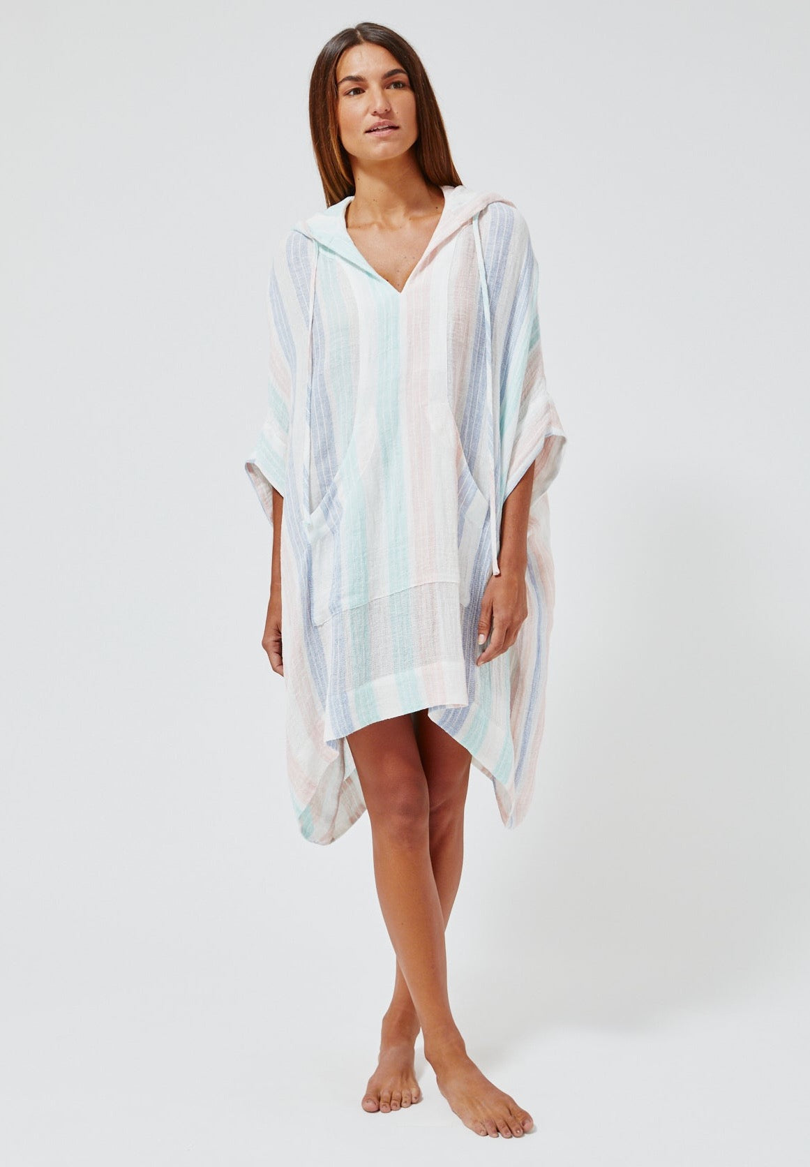 THE HOODED PONCHO in PASTEL MULTI STRIPED GAUZE