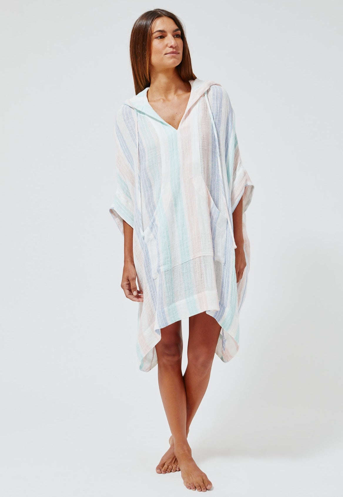 THE HOODED PONCHO in PASTEL MULTI STRIPED GAUZE