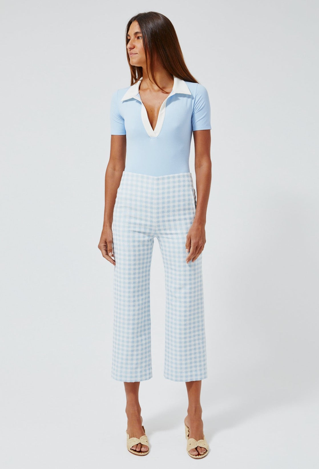 THE STRAIGHT LEG TROUSER in VINTAGE BLUE GINGHAM BOUCLE COTTON
