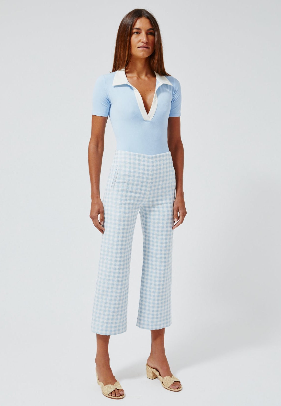 THE STRAIGHT LEG TROUSER in VINTAGE BLUE GINGHAM BOUCLE COTTON