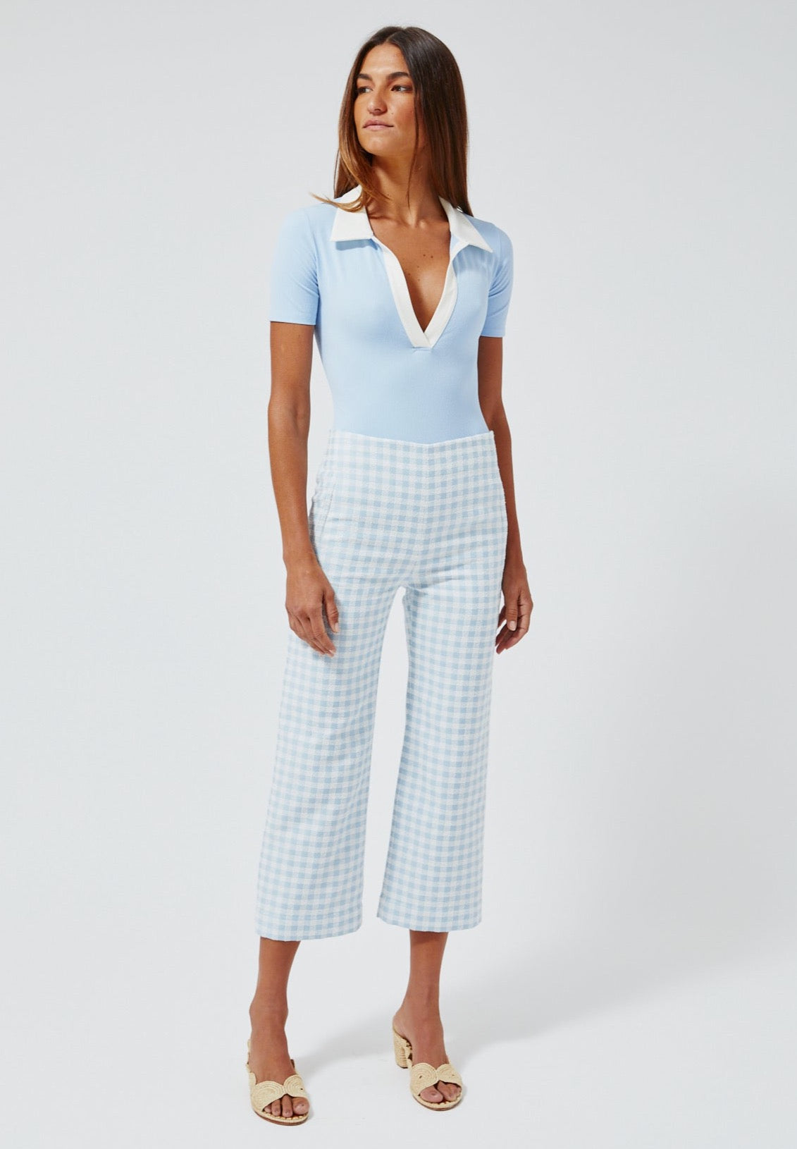 THE STRAIGHT LEG TROUSER in VINTAGE BLUE GINGHAM BOUCLE COTTON