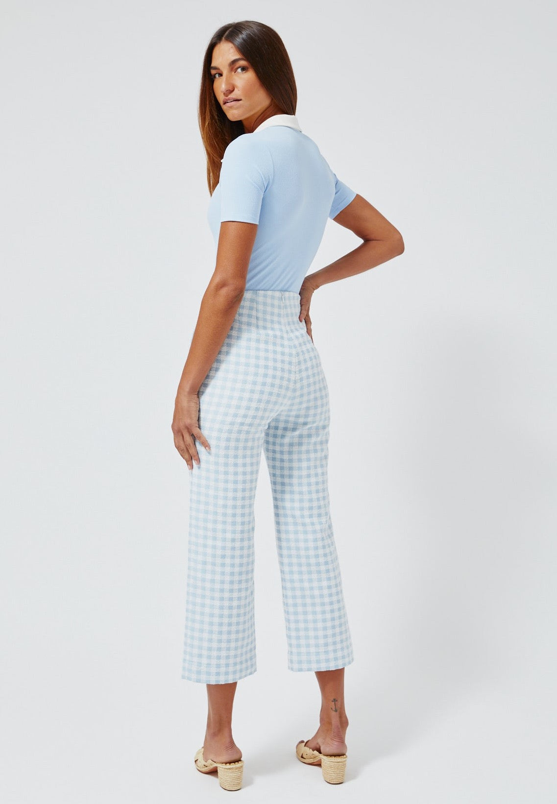 THE STRAIGHT LEG TROUSER in VINTAGE BLUE GINGHAM BOUCLE COTTON