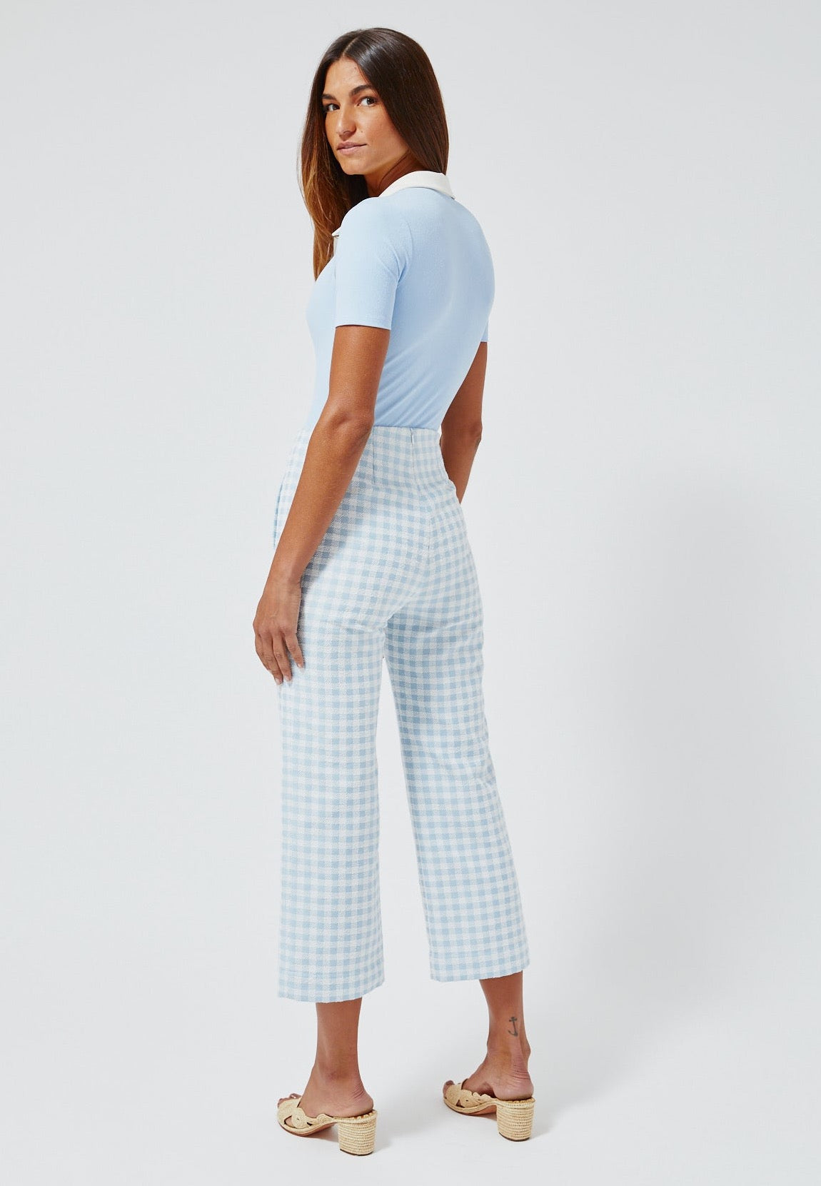 THE STRAIGHT LEG TROUSER in VINTAGE BLUE GINGHAM BOUCLE COTTON