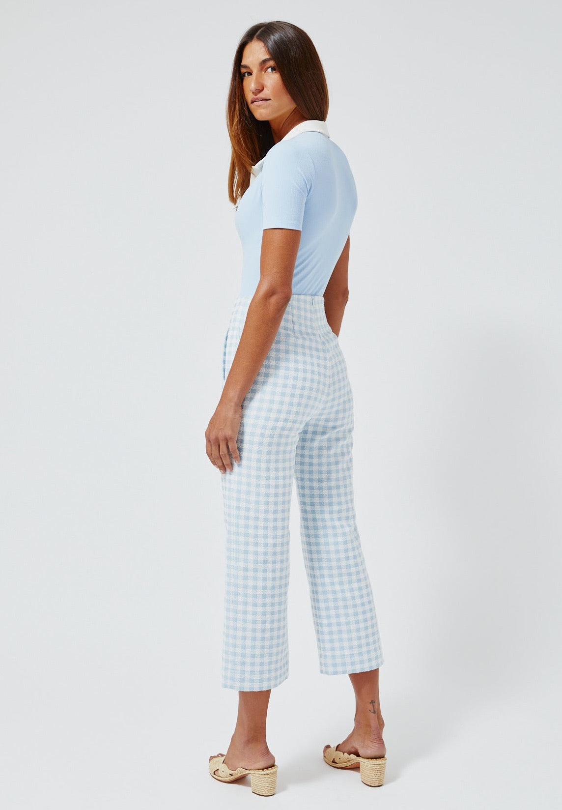 THE STRAIGHT LEG TROUSER in VINTAGE BLUE GINGHAM BOUCLE COTTON