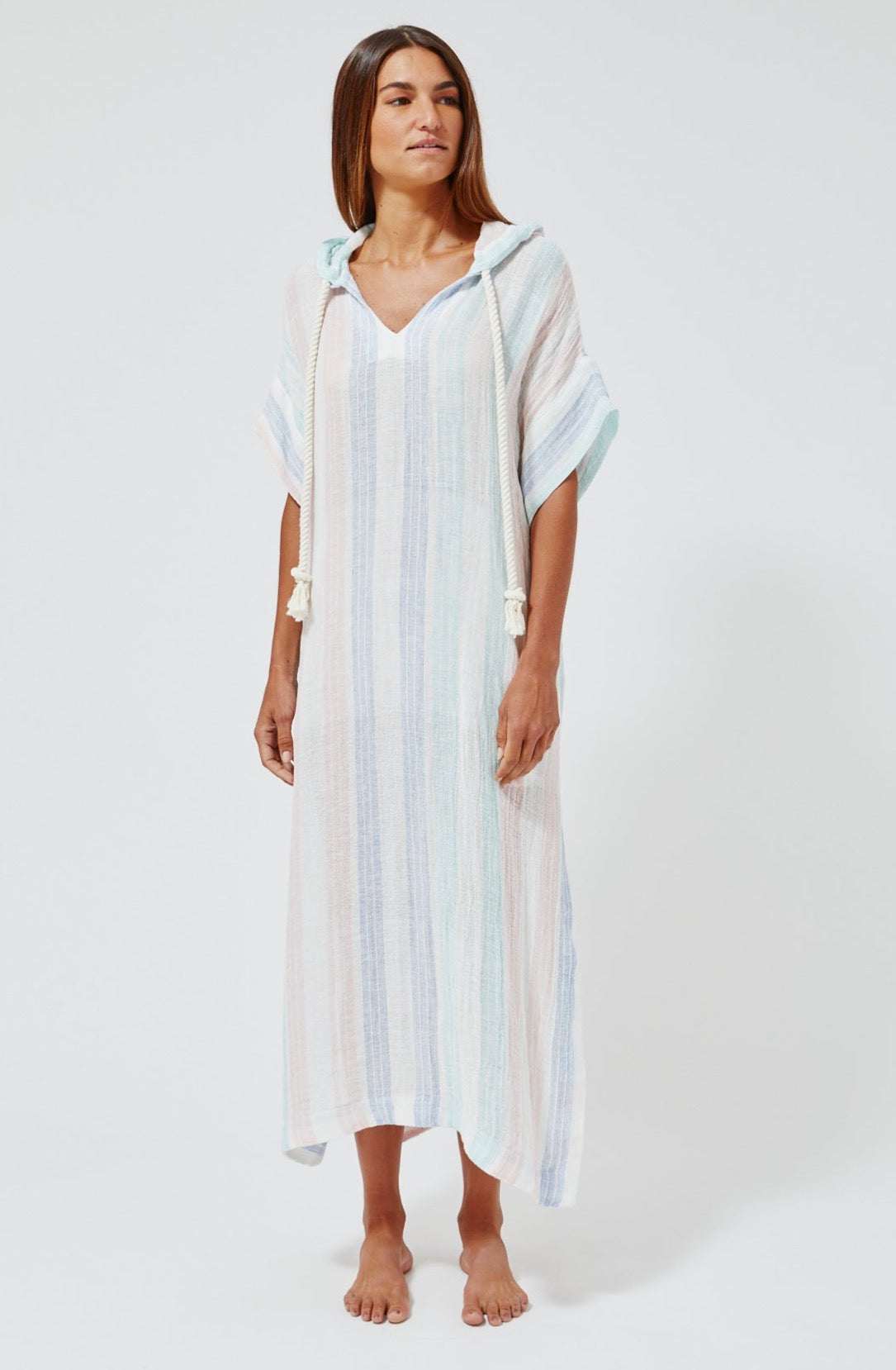 THE DRAWSTRING HOODED CAFTAN in PASTEL MULTI STRIPED GAUZE