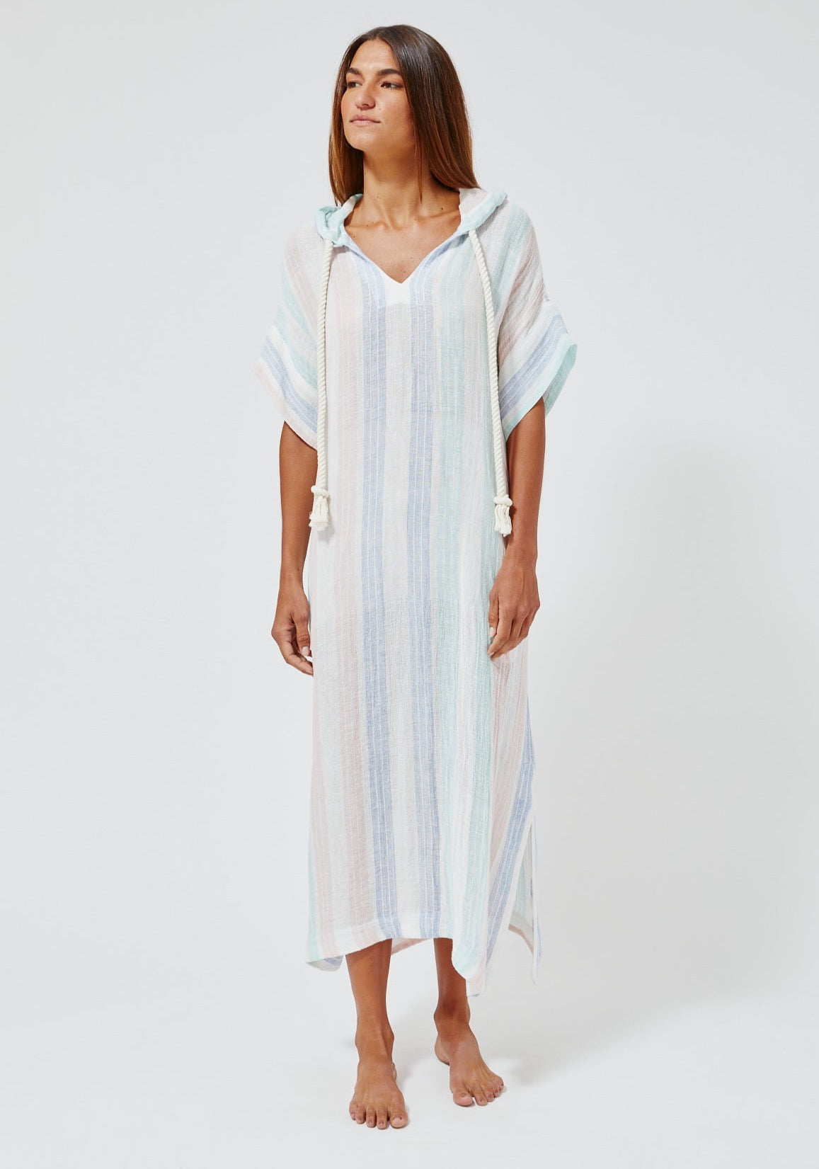 THE DRAWSTRING HOODED CAFTAN in PASTEL MULTI STRIPED GAUZE