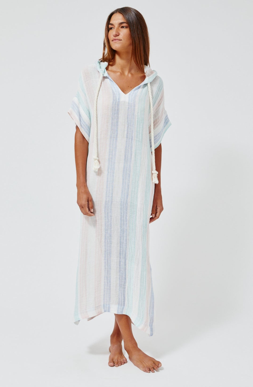 THE DRAWSTRING HOODED CAFTAN in PASTEL MULTI STRIPED GAUZE