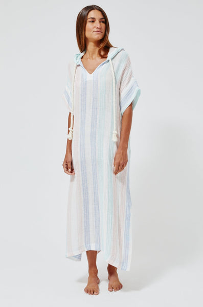 THE DRAWSTRING HOODED CAFTAN in PASTEL MULTI STRIPED GAUZE