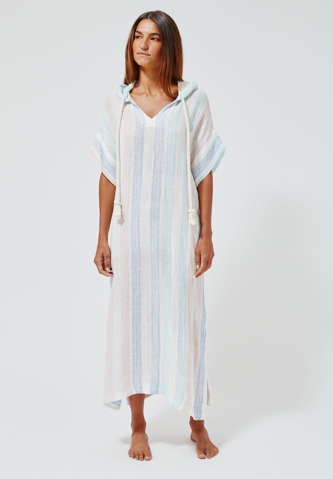 THE DRAWSTRING HOODED CAFTAN in PASTEL MULTI STRIPED GAUZE