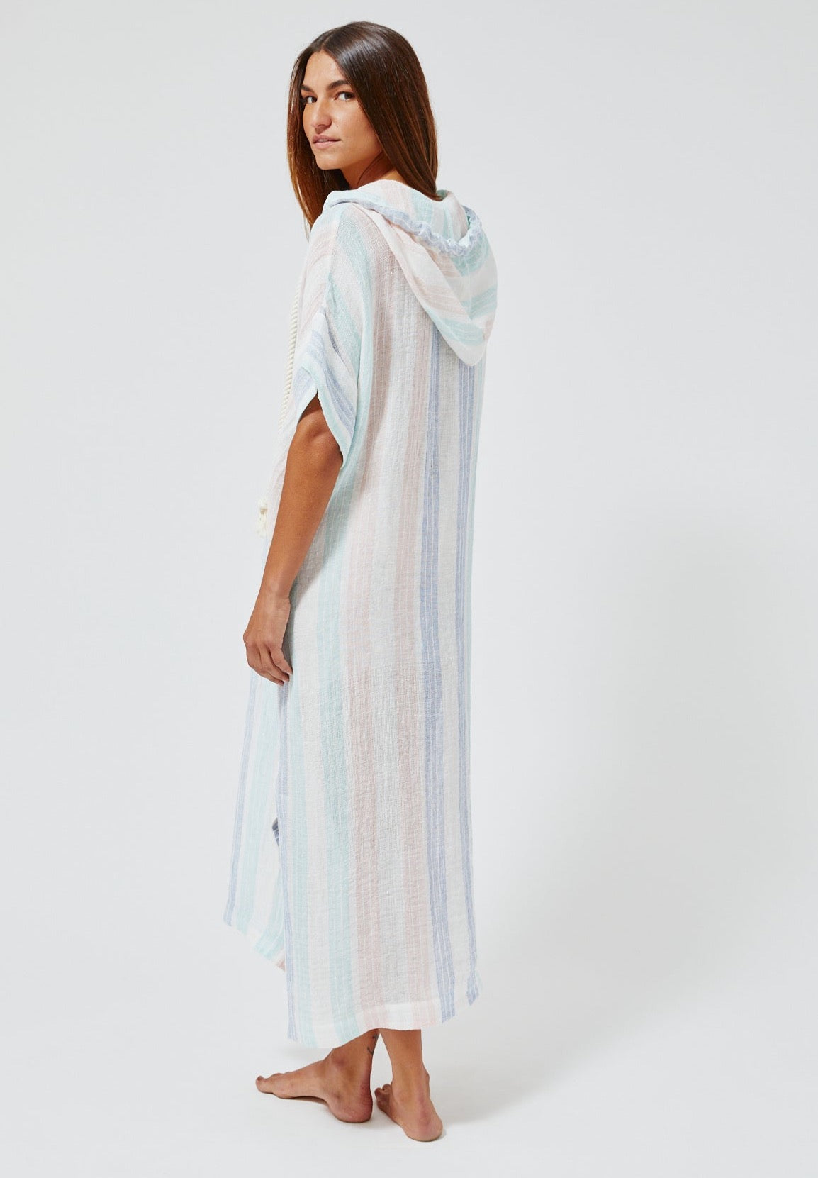THE DRAWSTRING HOODED CAFTAN in PASTEL MULTI STRIPED GAUZE