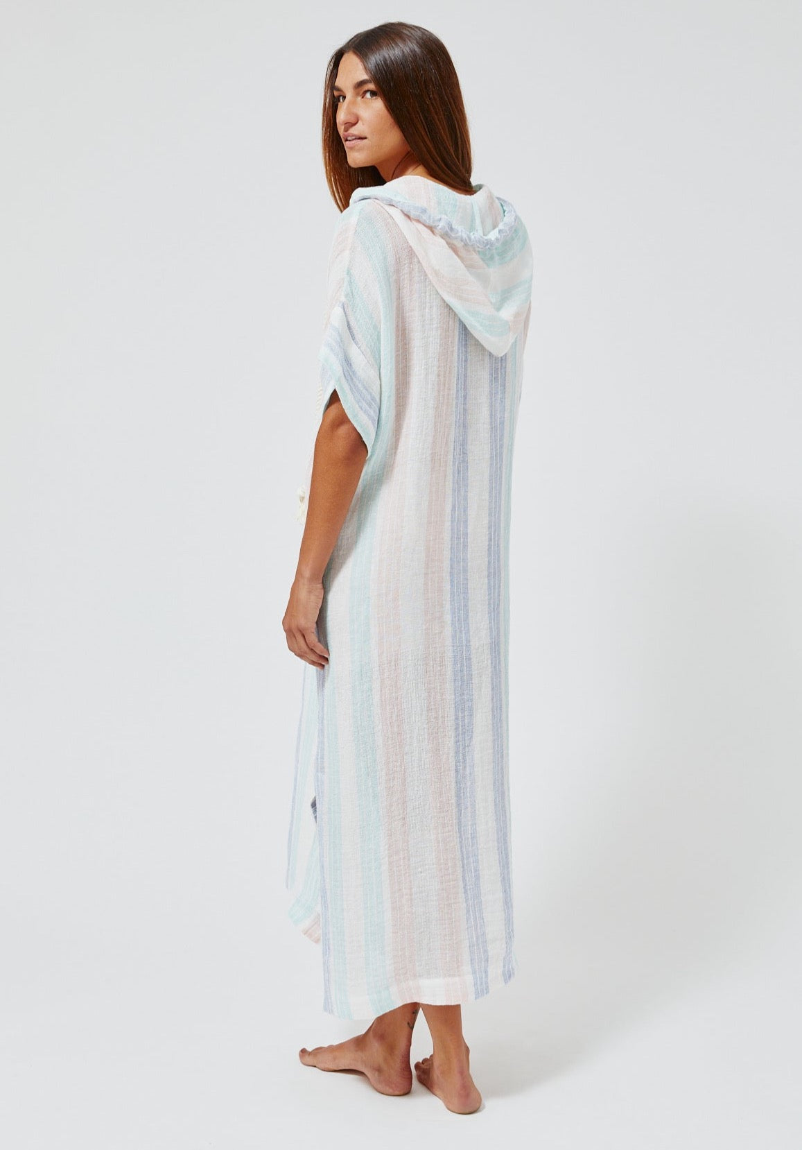 THE DRAWSTRING HOODED CAFTAN in PASTEL MULTI STRIPED GAUZE