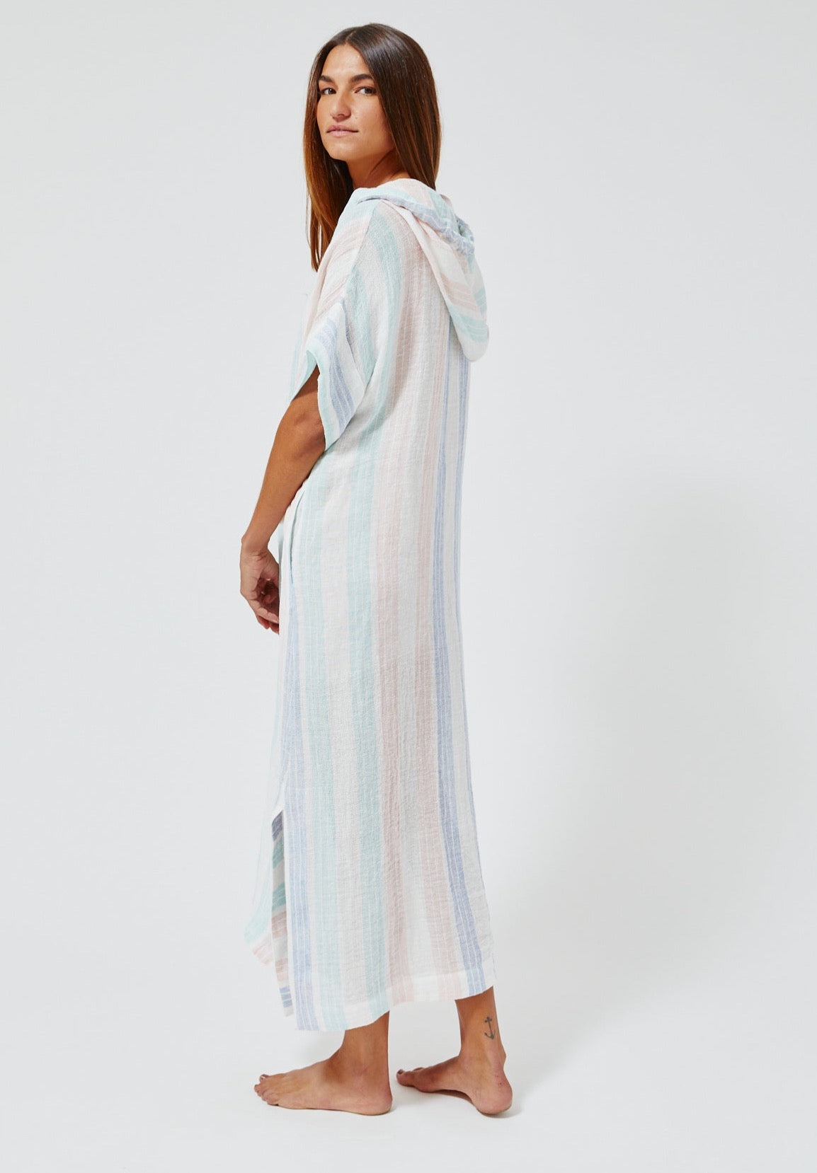 THE DRAWSTRING HOODED CAFTAN in PASTEL MULTI STRIPED GAUZE