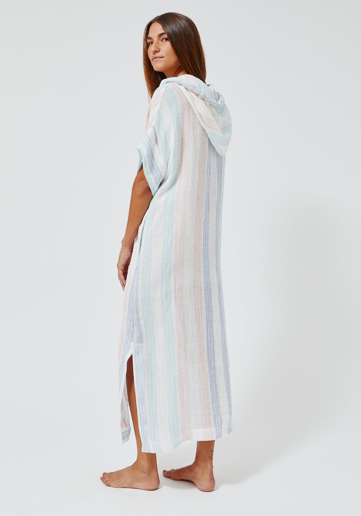 THE DRAWSTRING HOODED CAFTAN in PASTEL MULTI STRIPED GAUZE