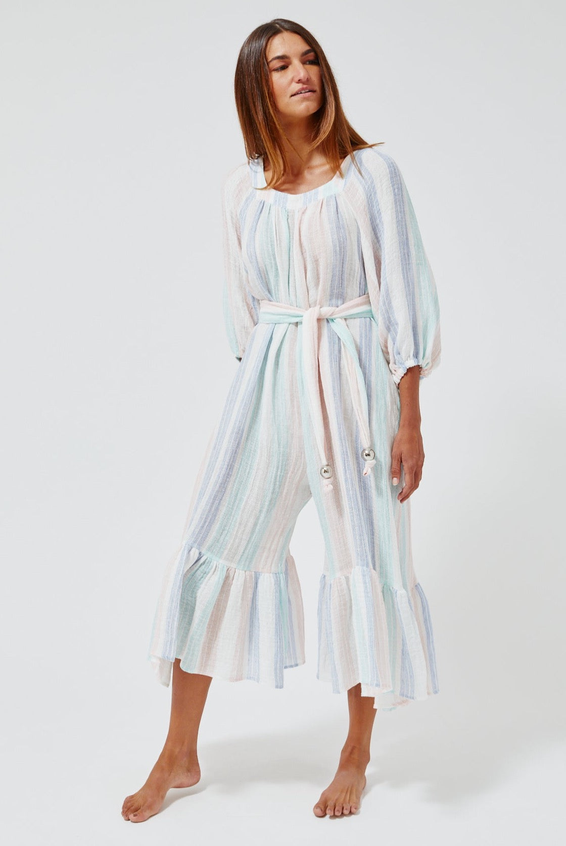 THE LAURE JUMPSUIT in PASTEL MULTI STRIPED GAUZE