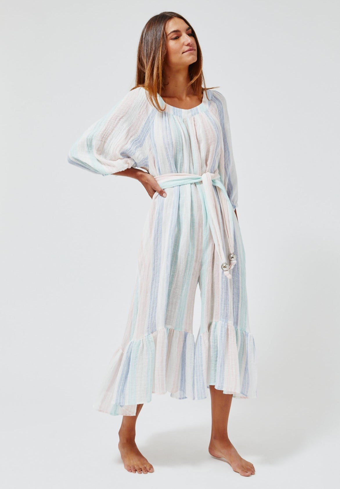 THE LAURE JUMPSUIT in PASTEL MULTI STRIPED GAUZE