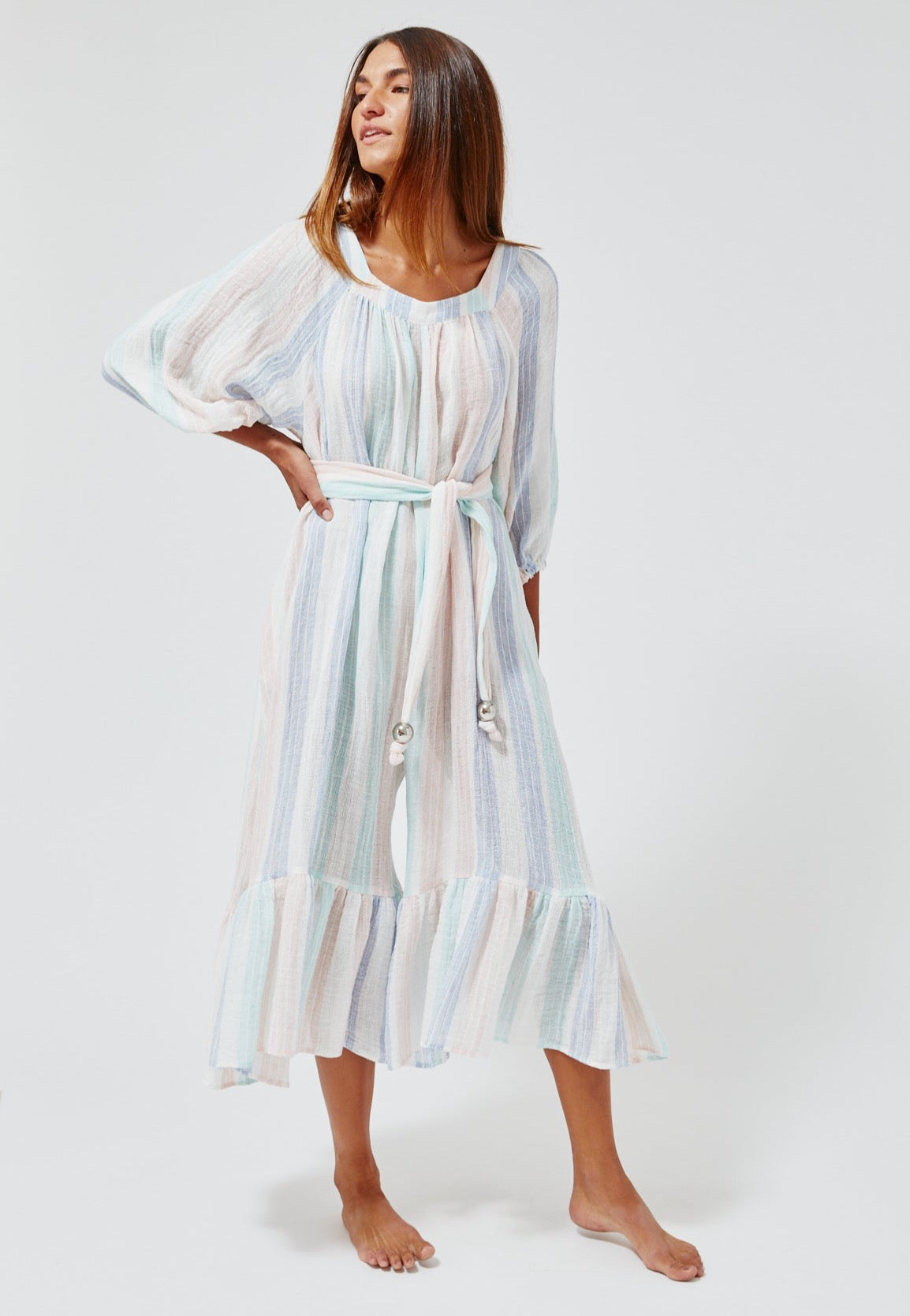 THE LAURE JUMPSUIT in PASTEL MULTI STRIPED GAUZE